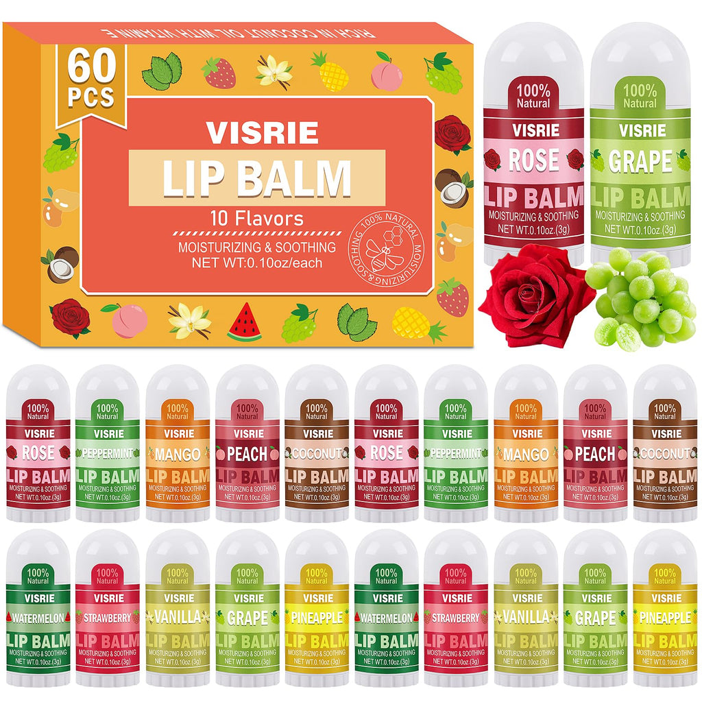 VISRIE Mini Lip Balm 60 Pack – Natural Lip Care with Vitamin E & Coconut Oil, 10 Flavors