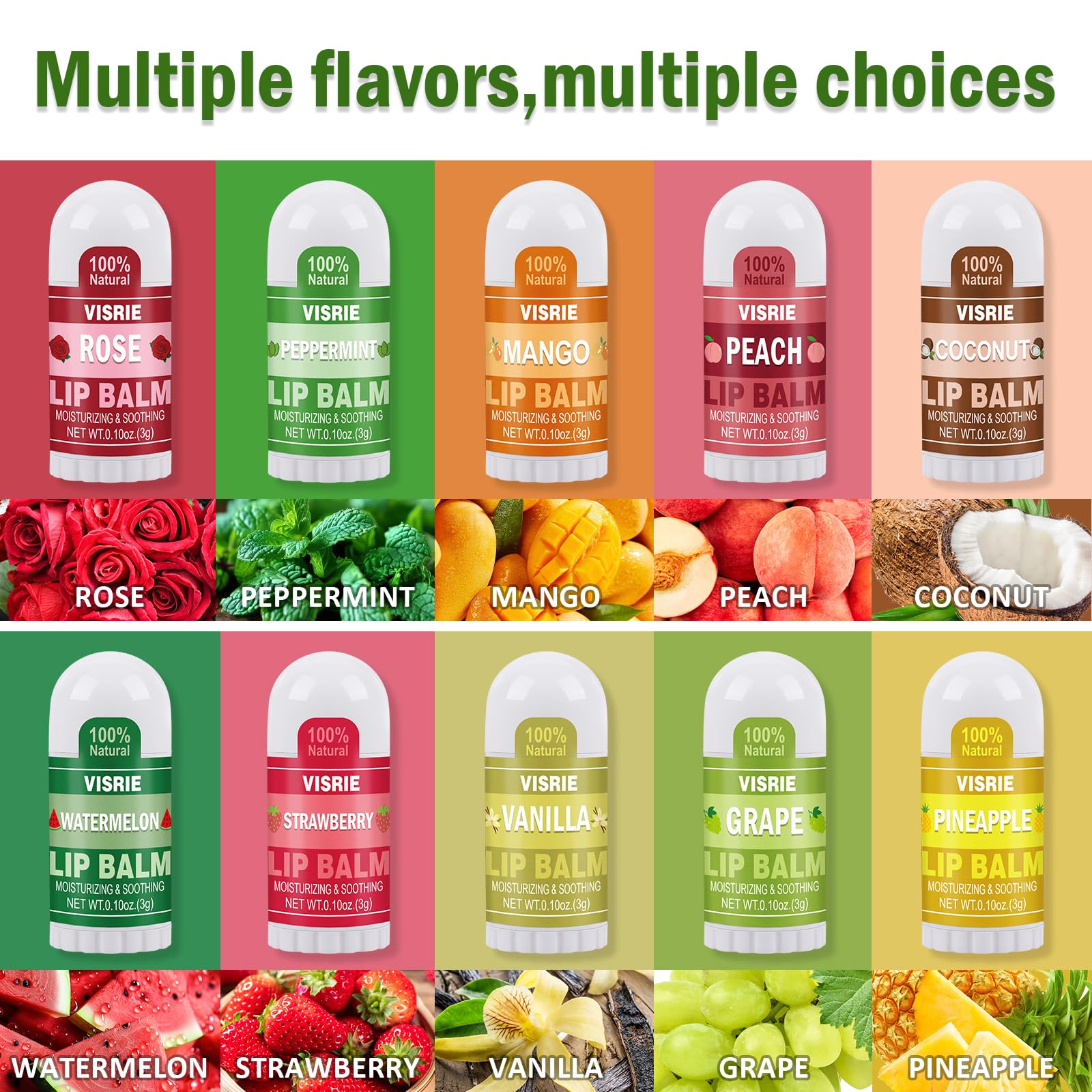 VISRIE Mini Lip Balm 60 Pack – Natural Lip Care with Vitamin E & Coconut Oil, 10 Flavors
