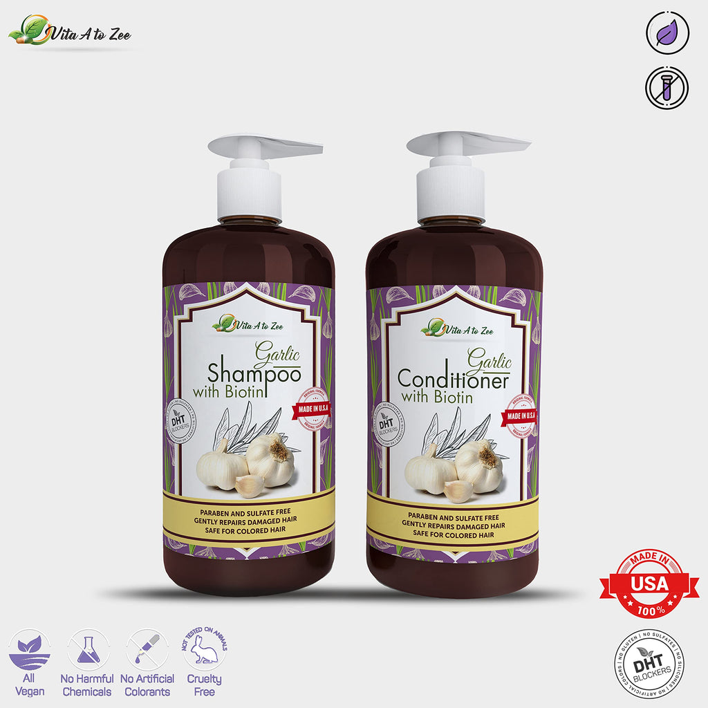 Vita A To Zee Garlic Shampoo & Conditioner with Anti DHT Blocker | Sulfate & Paraben Free, Vegan & Cruelty-Free