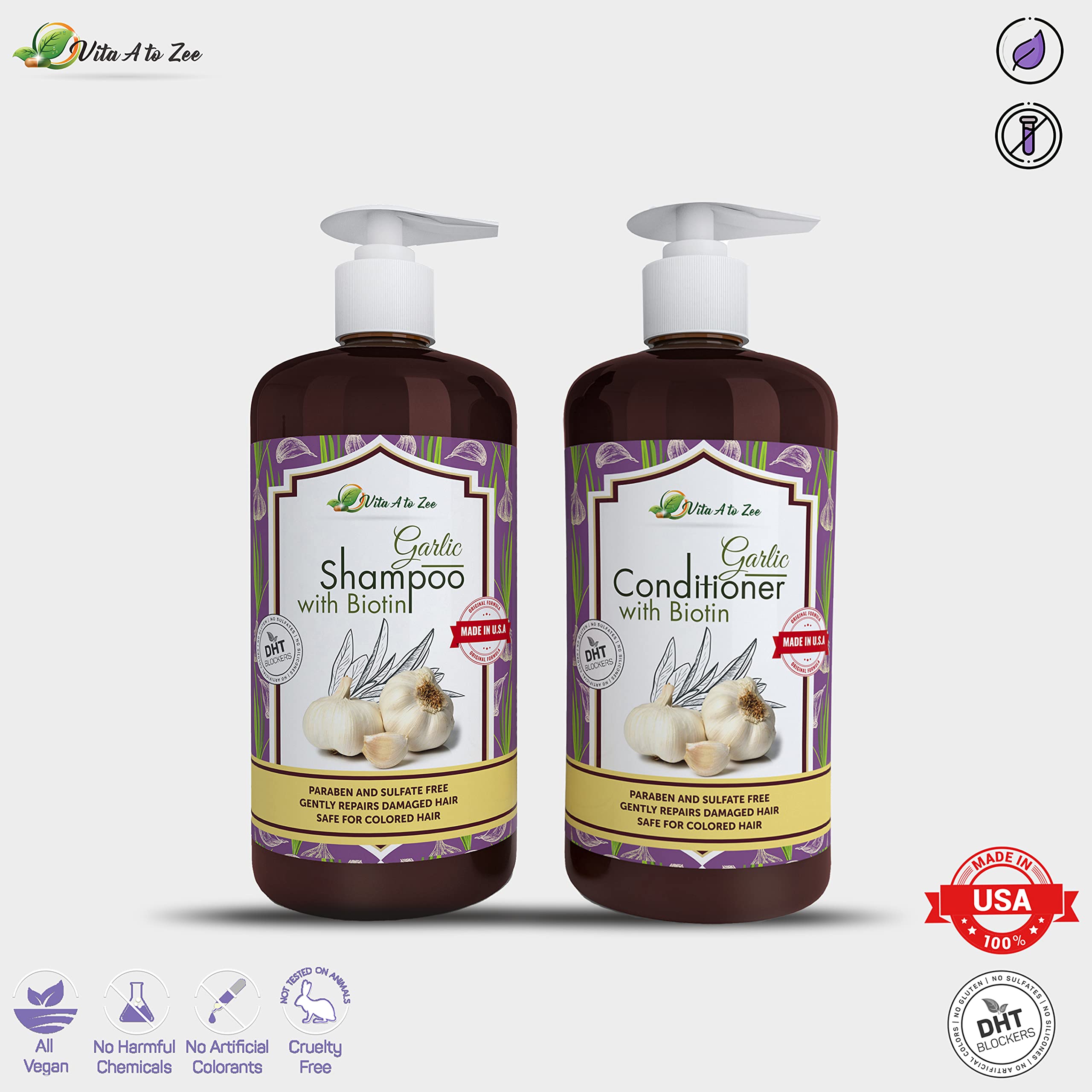 Vita A To Zee Garlic Shampoo & Conditioner with Anti DHT Blocker | Sulfate & Paraben Free, Vegan & Cruelty-Free