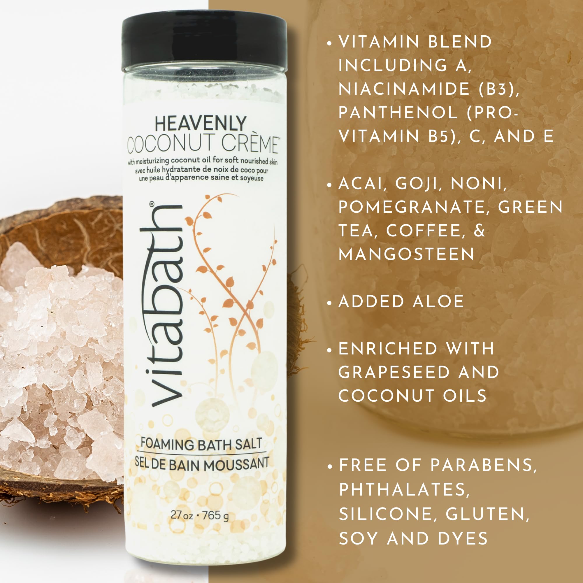 Vitabath Heavenly Coconut Creme Foaming Bath Salts – Relaxing Bubble Bath Aromatherapy, Skin Nourishment (27 oz)