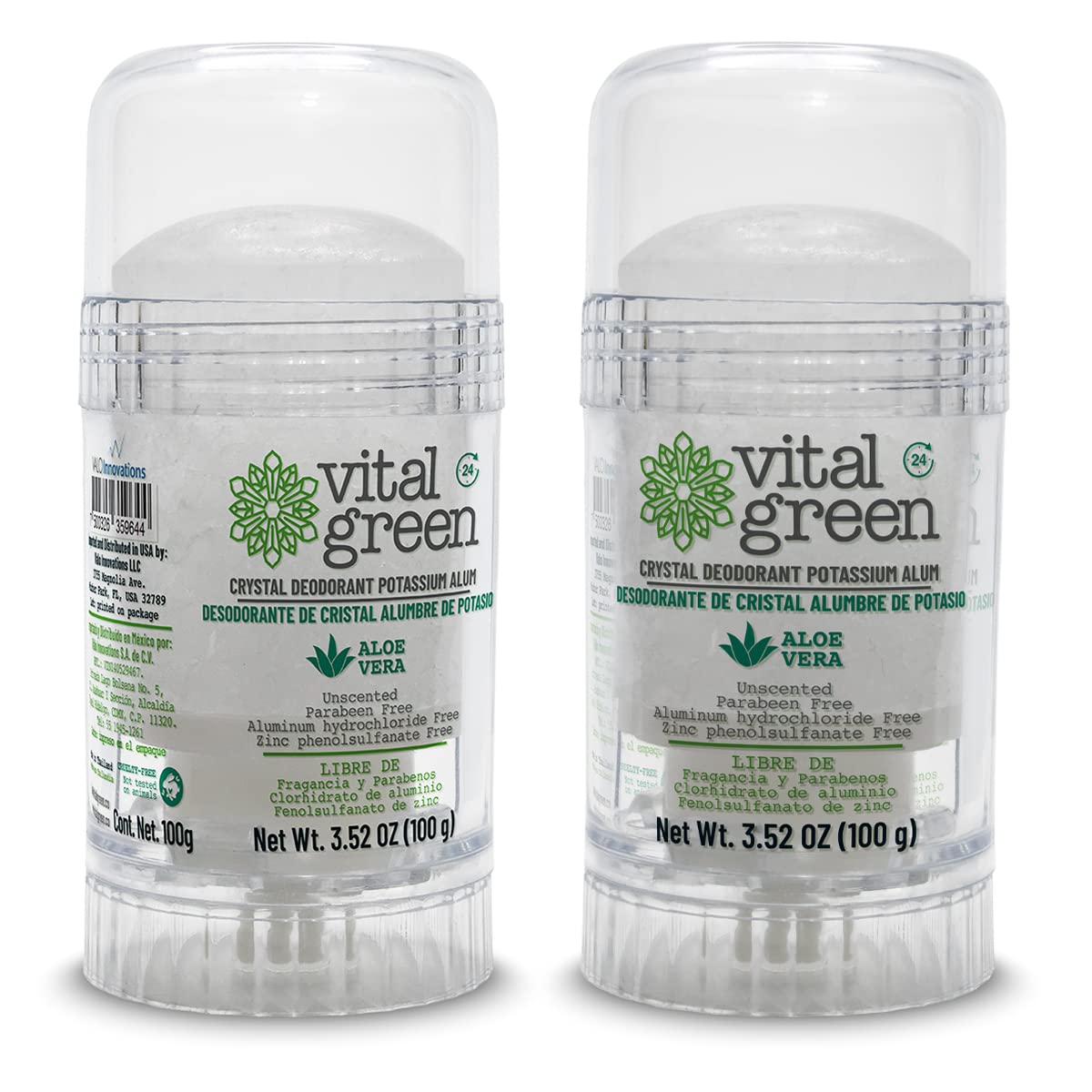 Vital Green Crystal Potassium Alum Deodorant with Aloe Vera – Unscented Mineral Deodorant for Sensitive Skin (2 x 100 g)