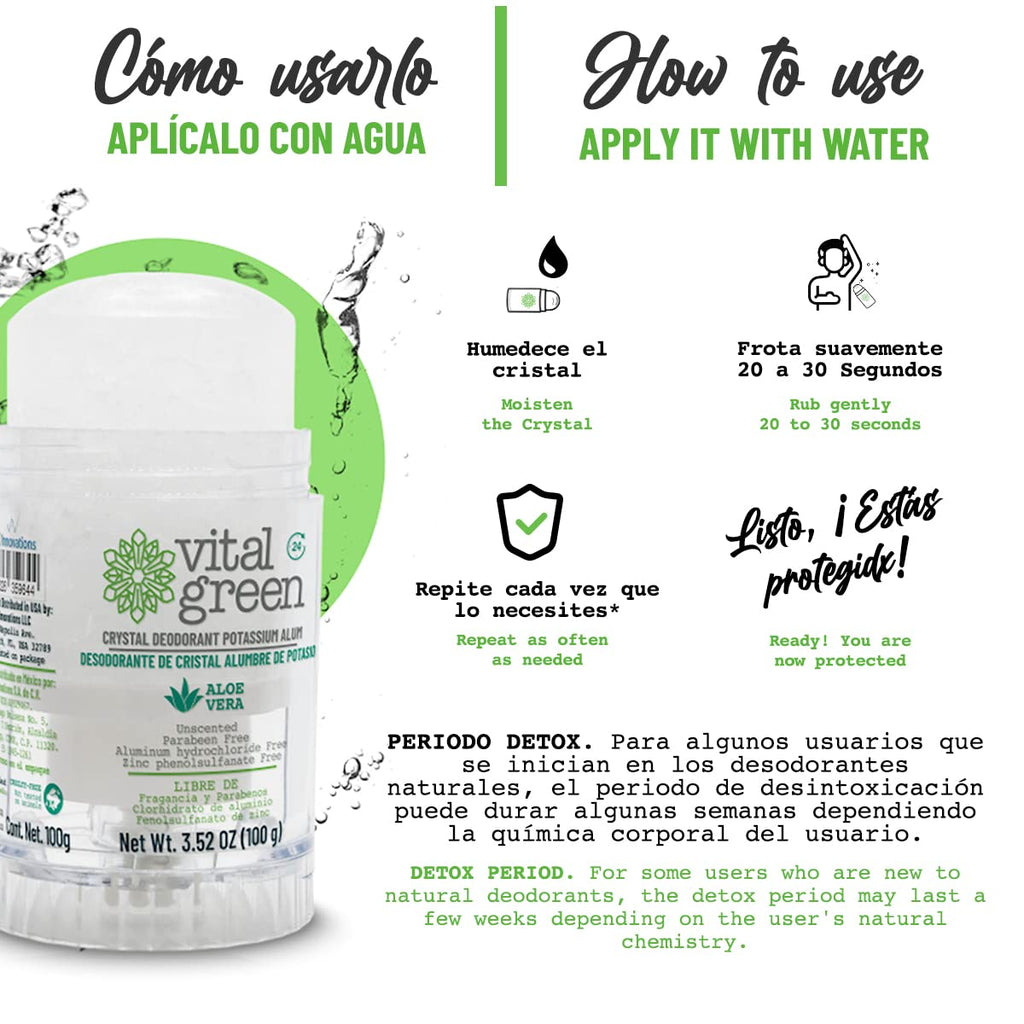 Vital Green Crystal Potassium Alum Deodorant with Aloe Vera – Unscented Mineral Deodorant for Sensitive Skin (2 x 100 g)