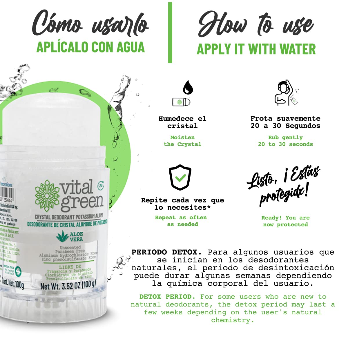Vital Green Crystal Potassium Alum Deodorant with Aloe Vera – Unscented Mineral Deodorant for Sensitive Skin (2 x 100 g)
