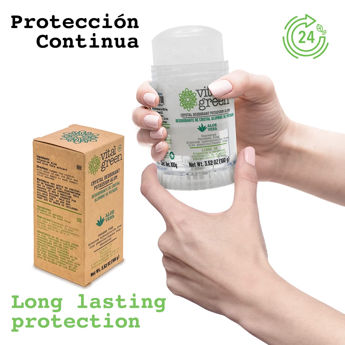 Vital Green Crystal Potassium Alum Deodorant with Aloe Vera – Unscented Mineral Deodorant for Sensitive Skin (2 x 100 g)