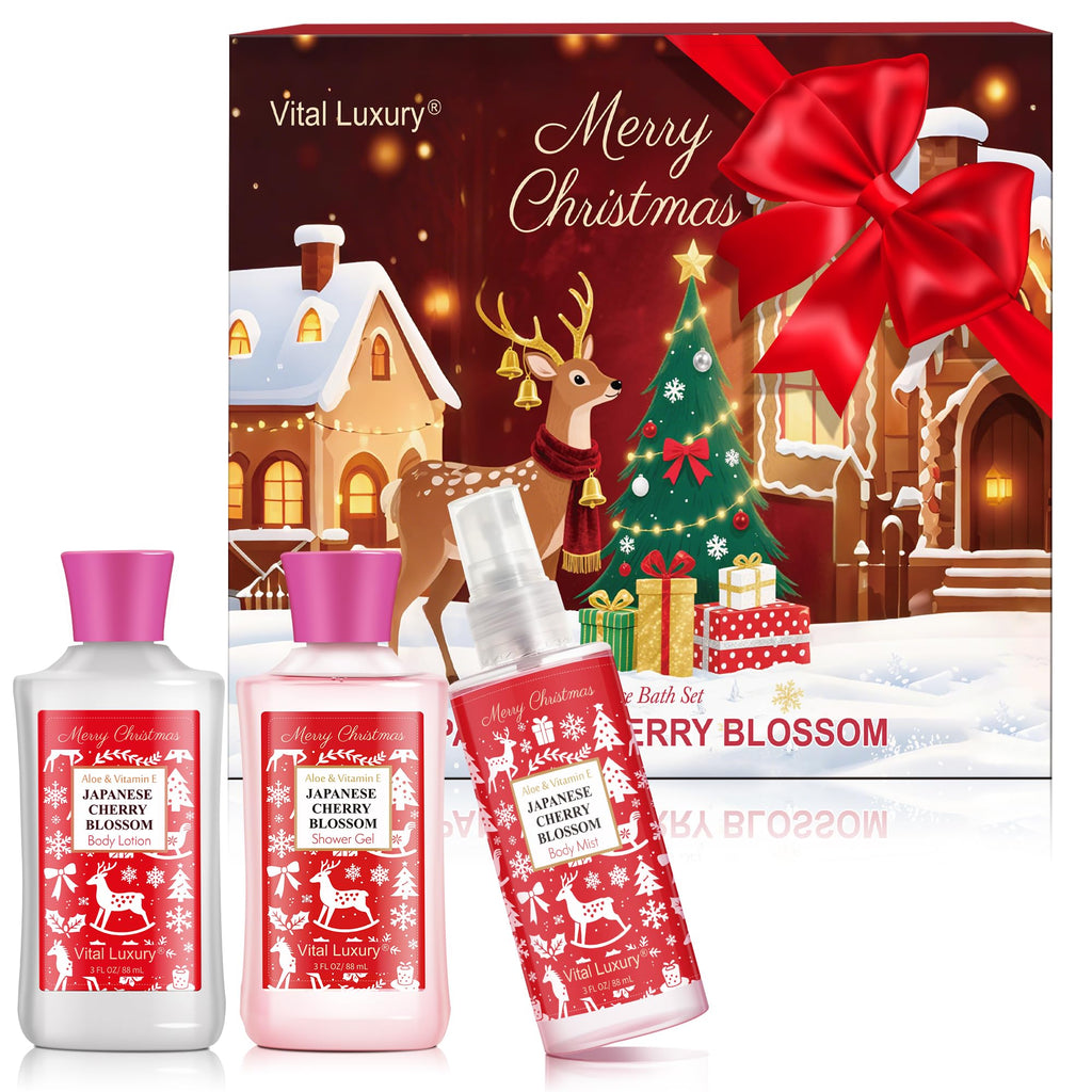 Vital Luxury Christmas Bath & Body Gift Set – Japanese Cherry Blossom Spa Kit (Gel, Lotion, Mist)