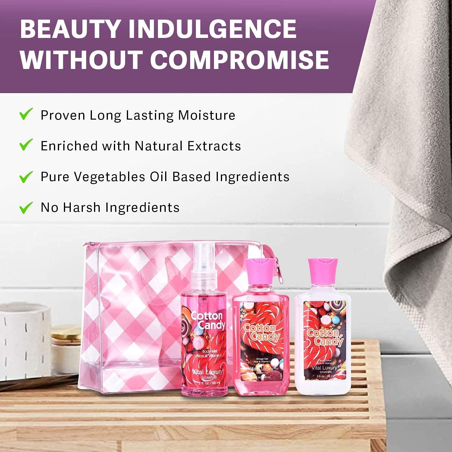 Vital Luxury Bath & Body Travel Gift Set – Cotton Candy 3pc (TSA-Friendly)