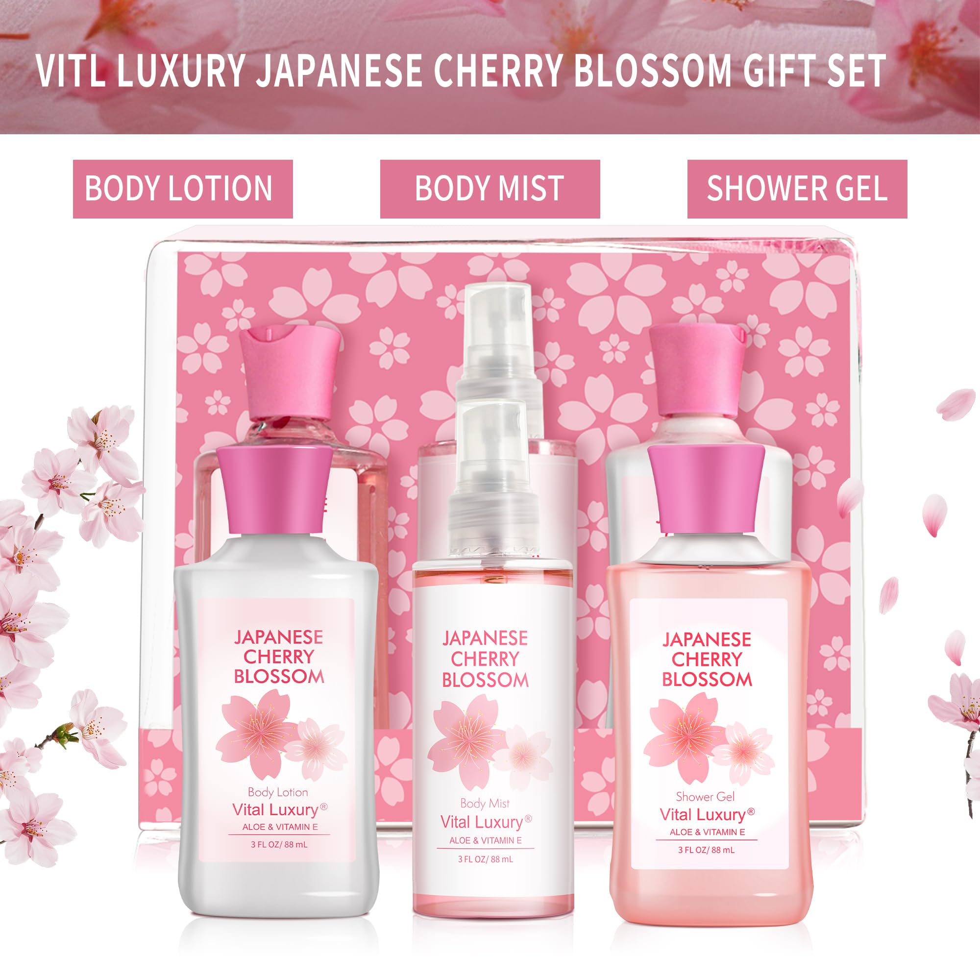 Vital Luxury Bath & Body Gift Set – Japanese Cherry Blossom, 3-Piece Travel Size Trio
