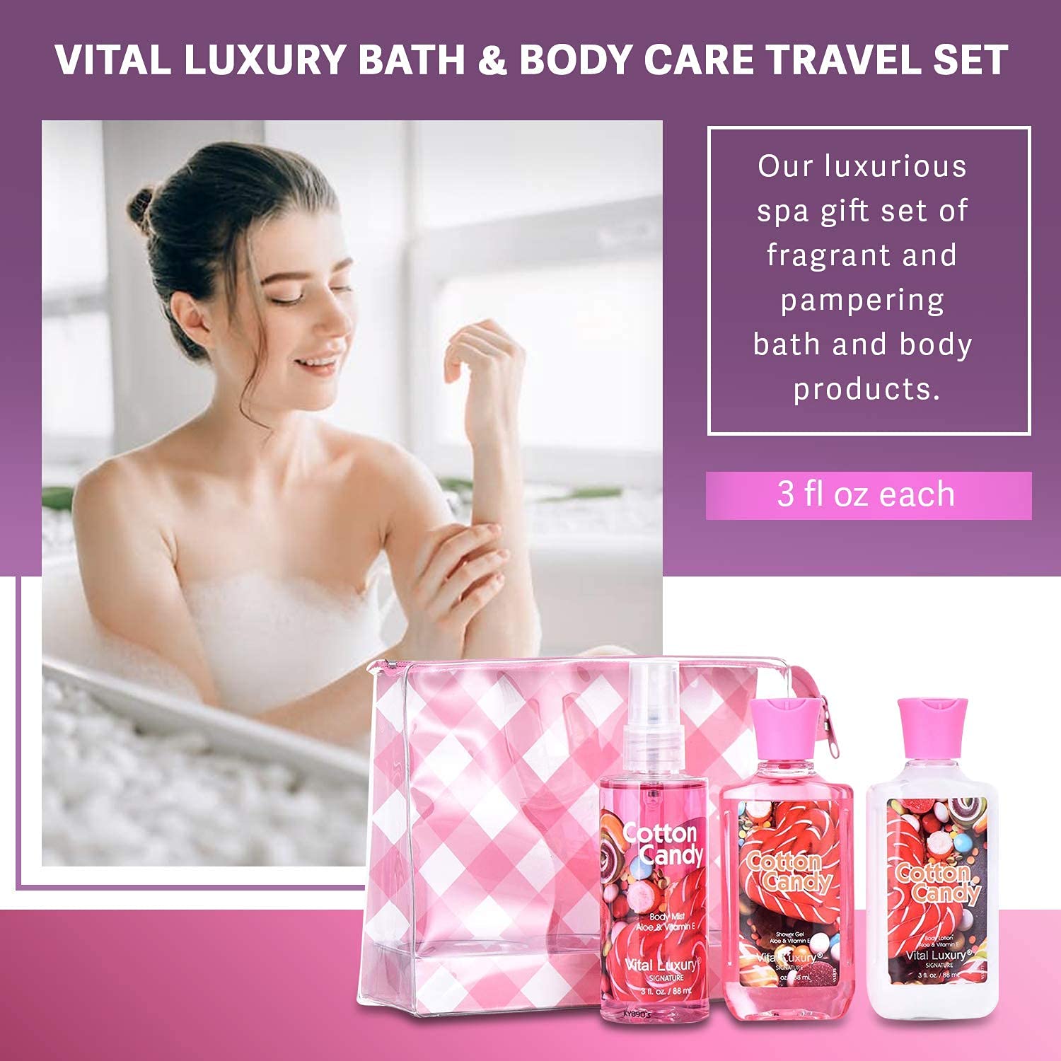 Vital Luxury Bath & Body Gift Set – Cotton Candy Scent, 3-Piece Travel Size (3 oz Each)