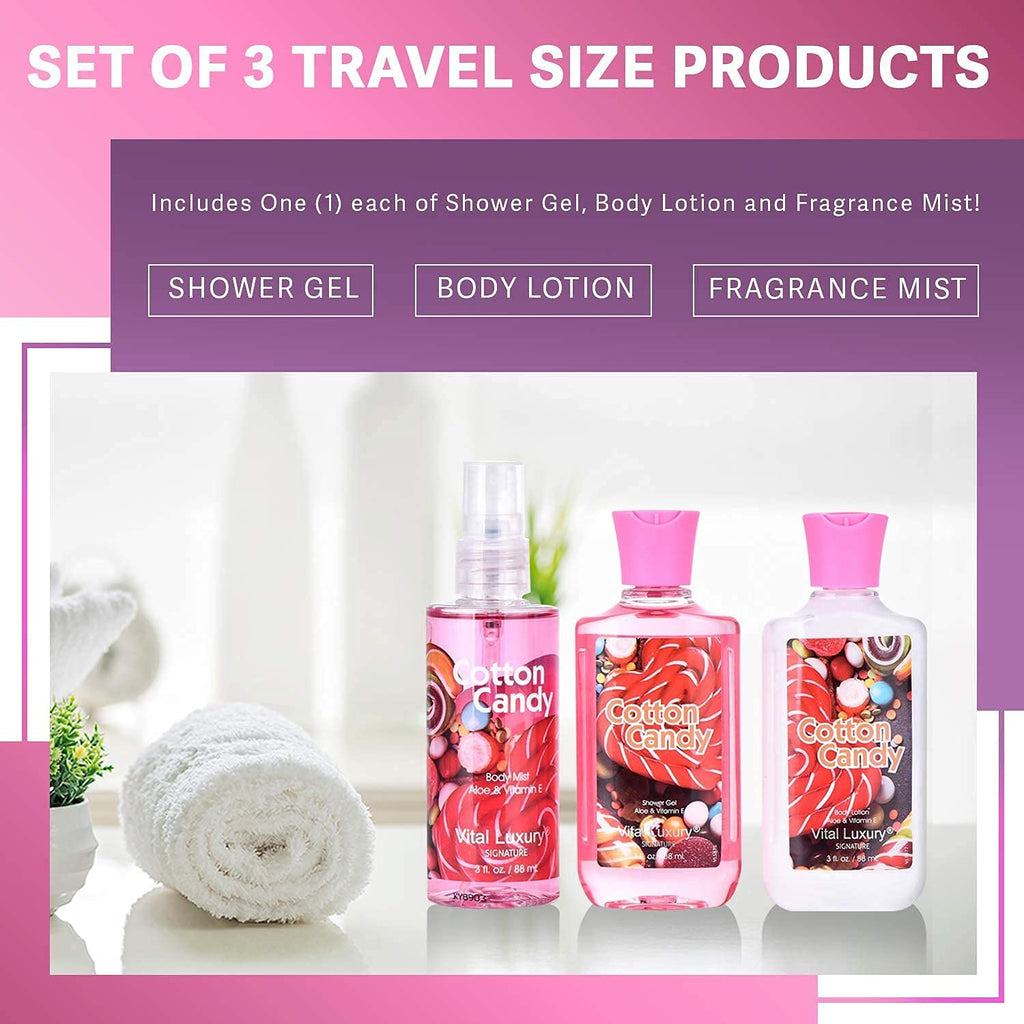 Vital Luxury Bath & Body Gift Set – Cotton Candy Scent, 3-Piece Travel Size (3 oz Each)