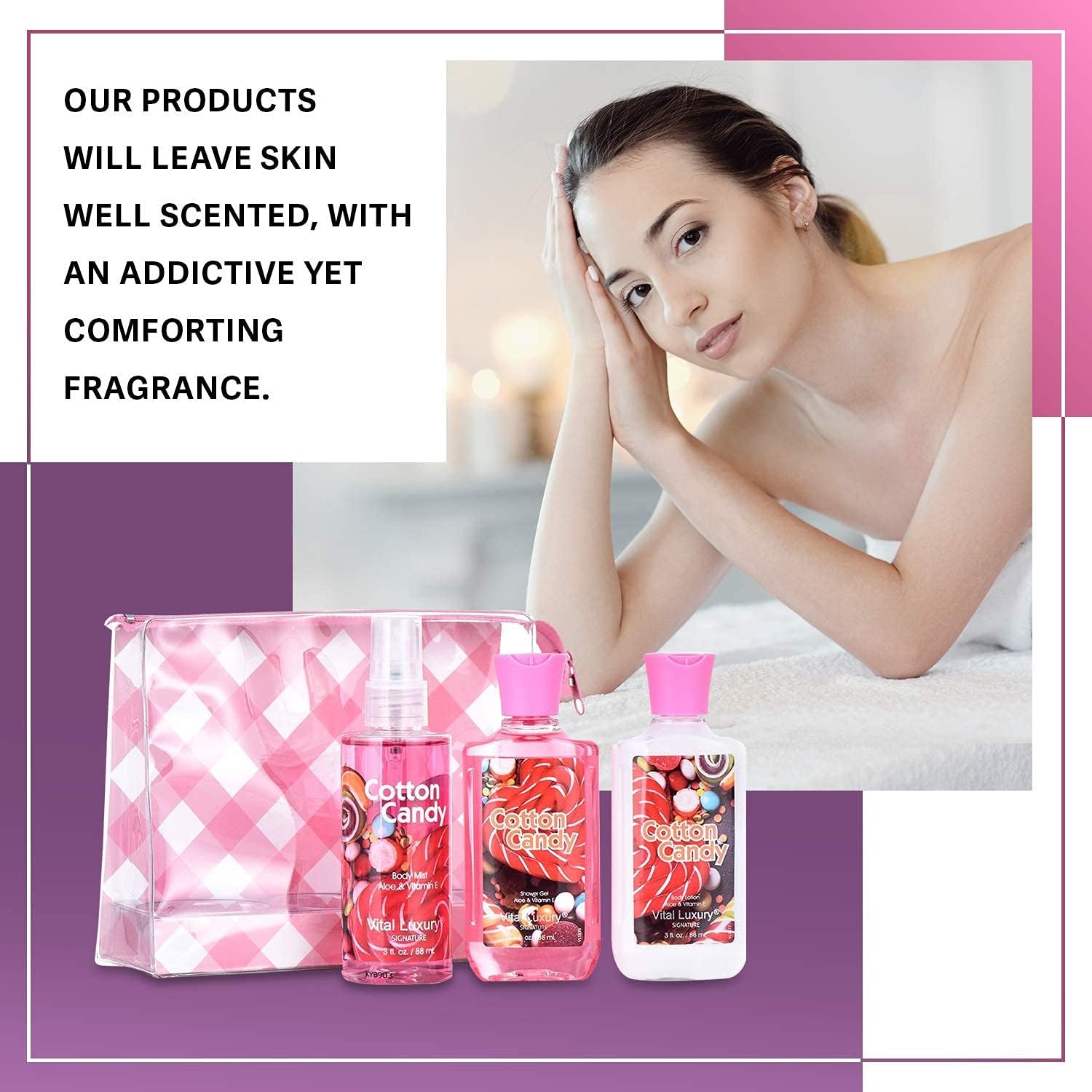 Vital Luxury Bath & Body Gift Set – Cotton Candy Scent, 3-Piece Travel Size (3 oz Each)