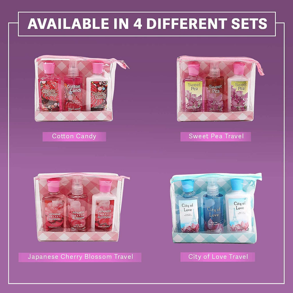 Vital Luxury Bath & Body Gift Set – Cotton Candy Scent, 3-Piece Travel Size (3 oz Each)