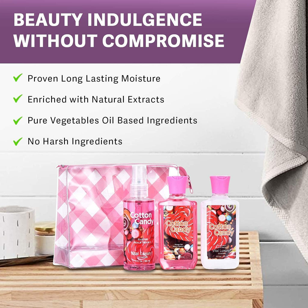 Vital Luxury Bath & Body Gift Set – Cotton Candy Scent, 3-Piece Travel Size (3 oz Each)