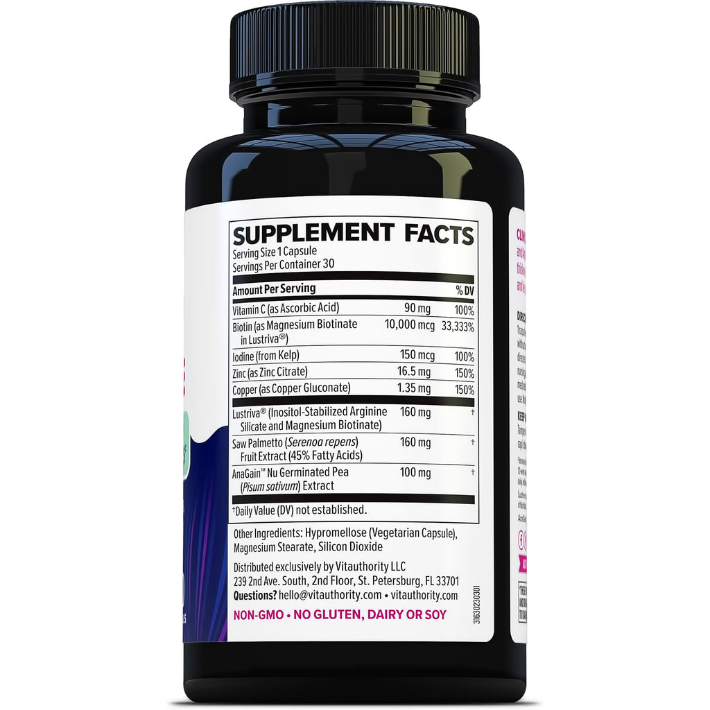 Vitauthority Lustriva Hair Growth Supplement for Women | Thicker, Fuller Hair with DHT Blocker Vitamins | 30 Capsules