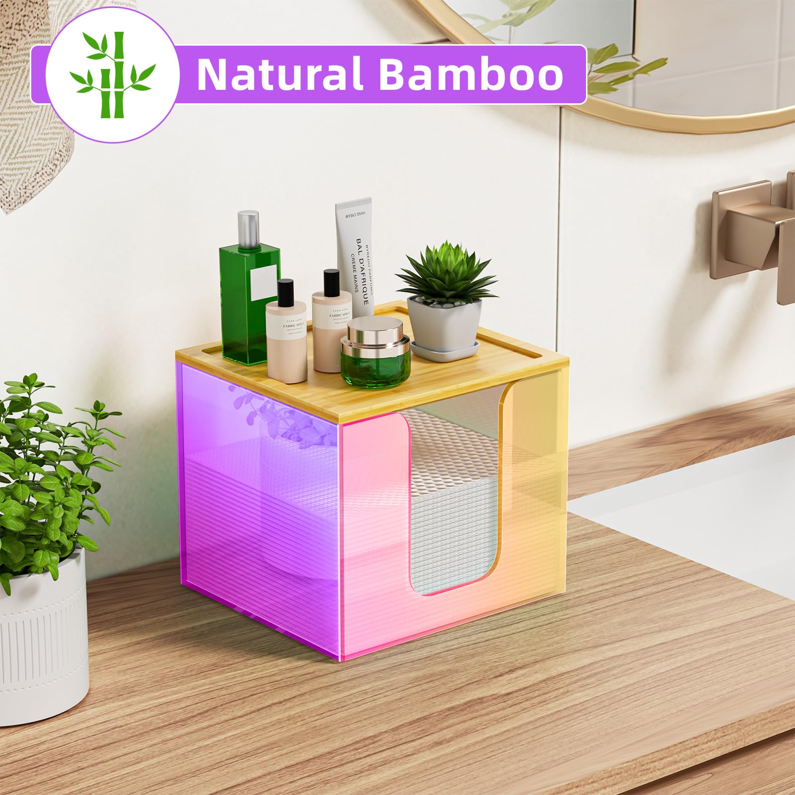 VITVITI Disposable Face Towel Holder Box – Acrylic Towel Storage with Bamboo Lid