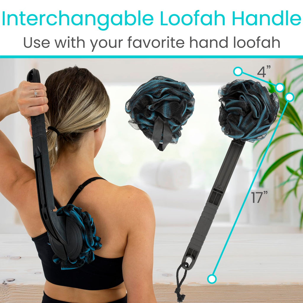 Vive Long Handled Loofah Stick – Extended Reach Bath Scrubber with Extra Pouf