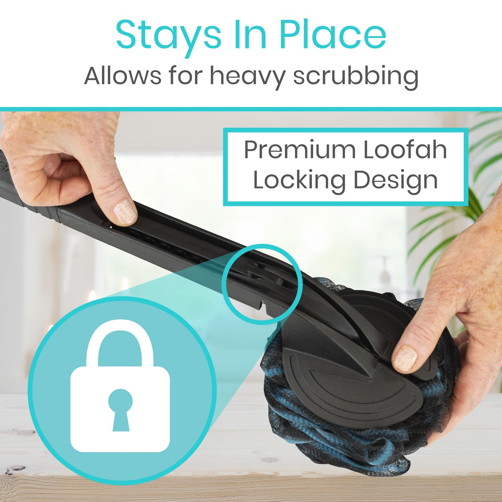 Vive Long Handled Loofah Stick – Extended Reach Bath Scrubber with Extra Pouf