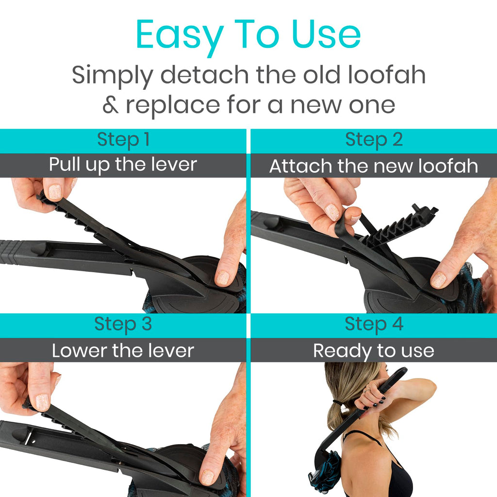 Vive Long Handled Loofah Stick – Extended Reach Bath Scrubber with Extra Pouf
