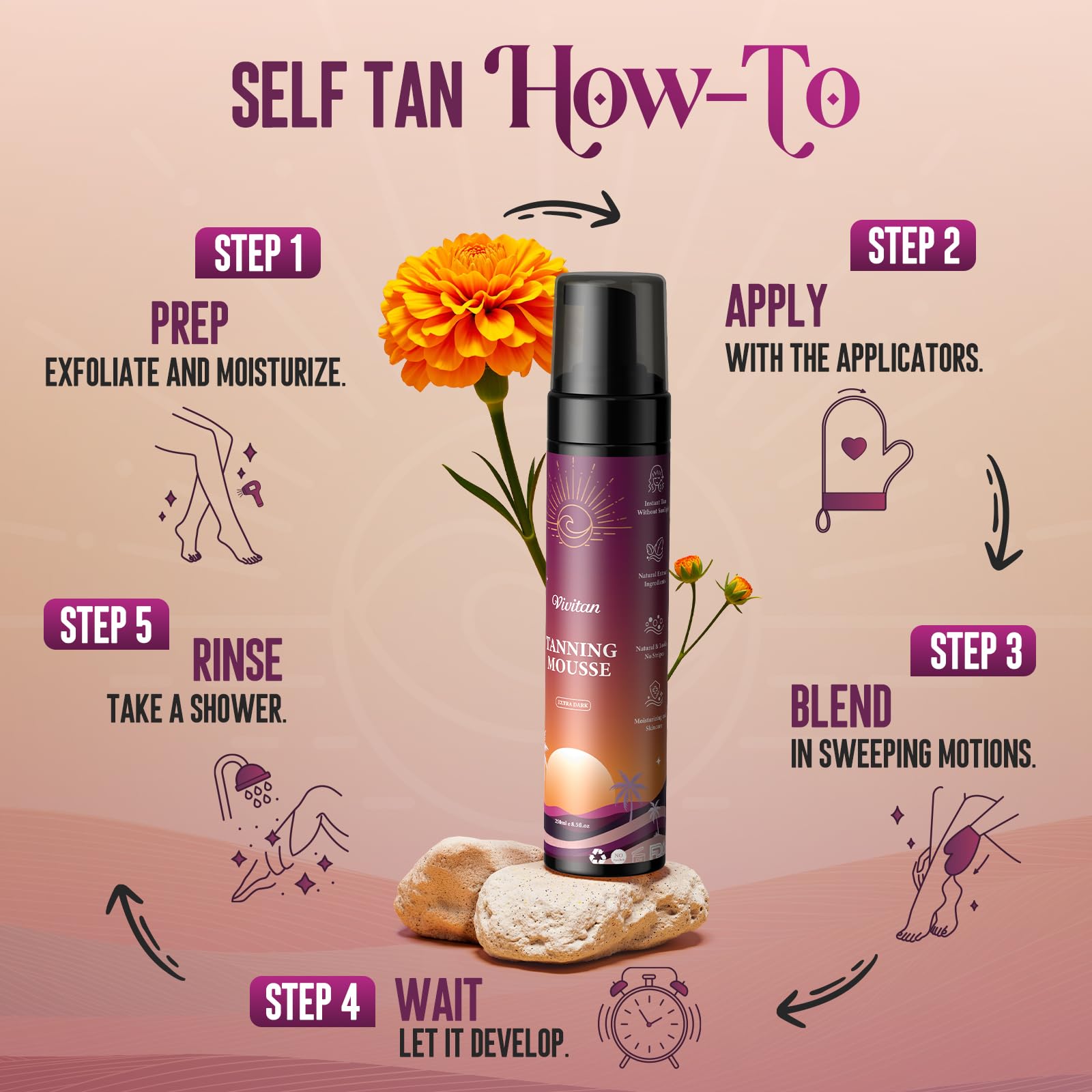 VIVITAN Self Tanner Mousse Kit – 250mL XL + Pro Tools | 1-Hour Express Bronze, No Orange
