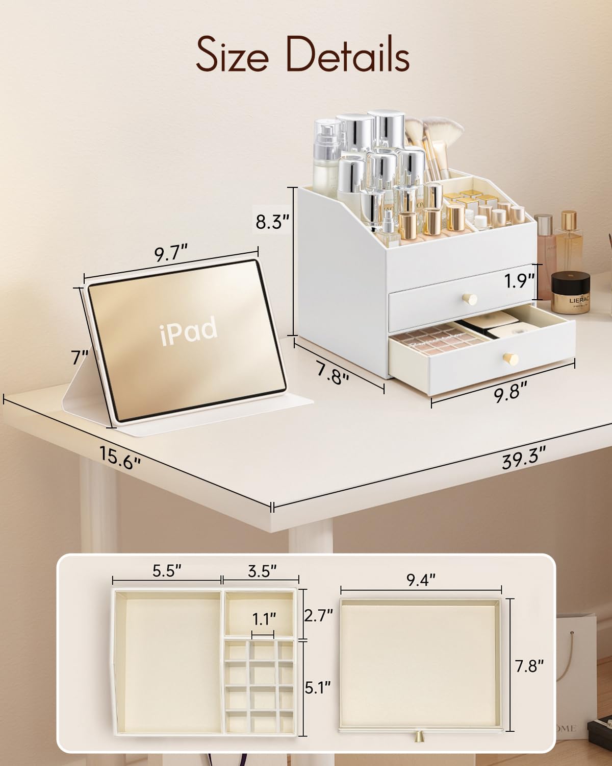 Vlando Makeup Organizer for Vanity – Large Capacity PU Leather Cosmetic Display Case (White)