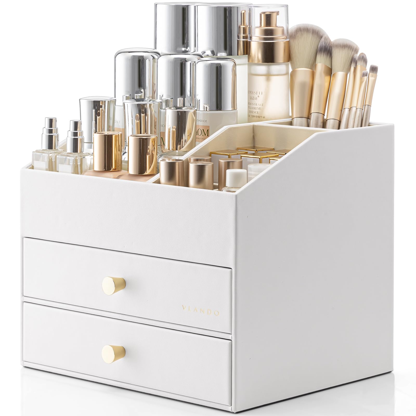 Vlando Makeup Organizer for Vanity – Large Capacity PU Leather Cosmetic Display Case (White)