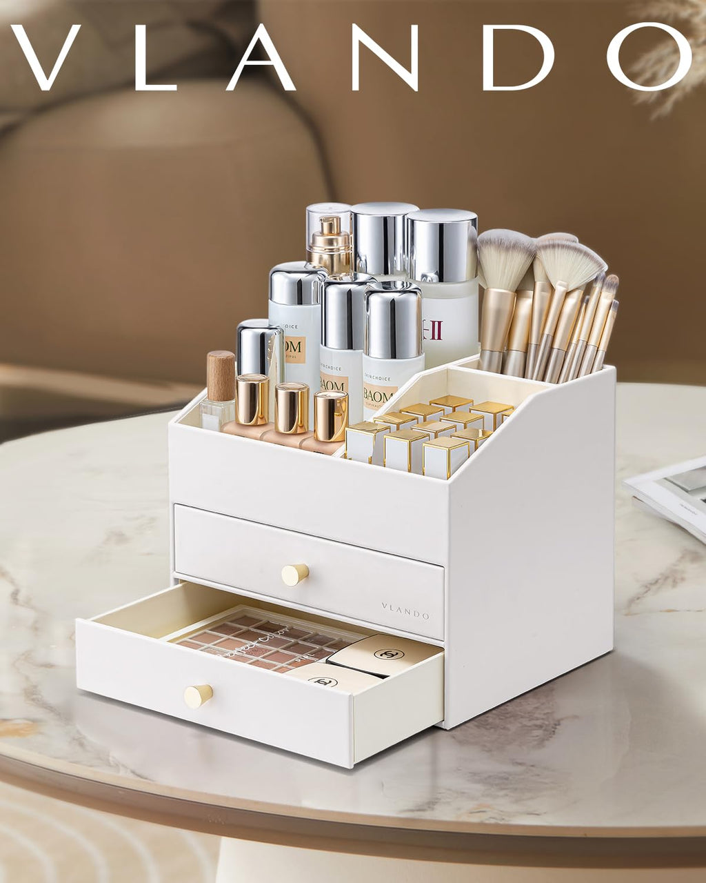 Vlando Makeup Organizer for Vanity – Large Capacity PU Leather Cosmetic Display Case (White)