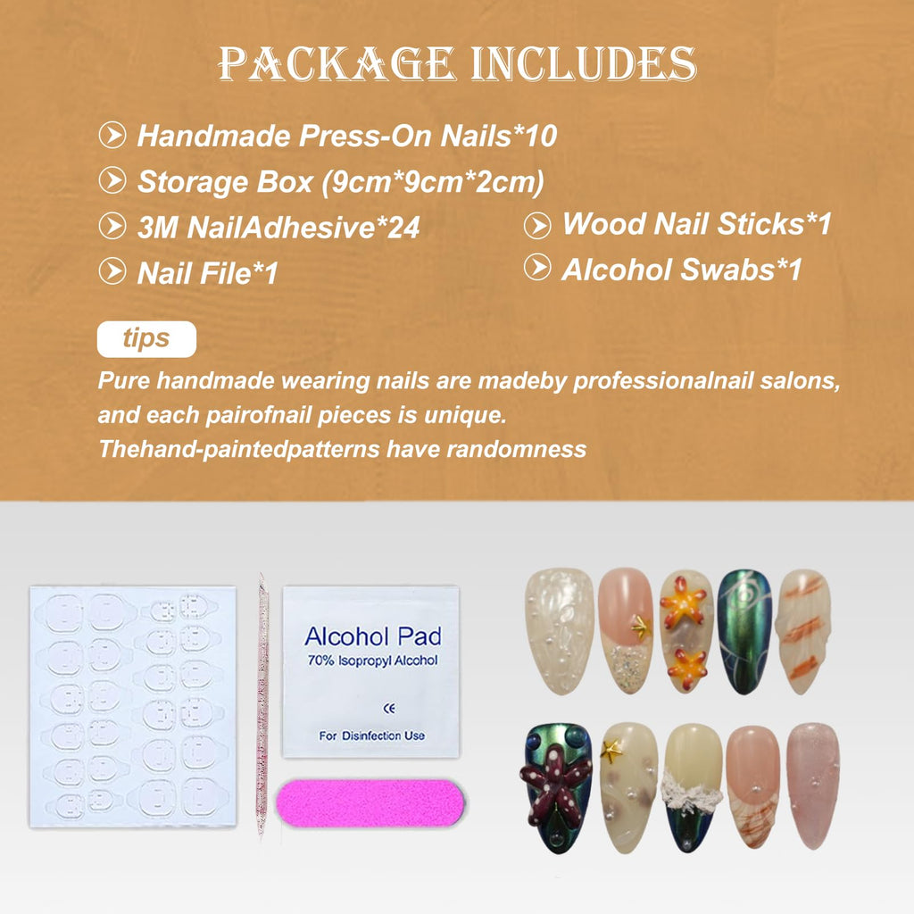 Vlazryk Luxury Handmade Press On Nails – Purple French Almond with 3D Flowers, Autumn-Winter Gradient (10pcs)