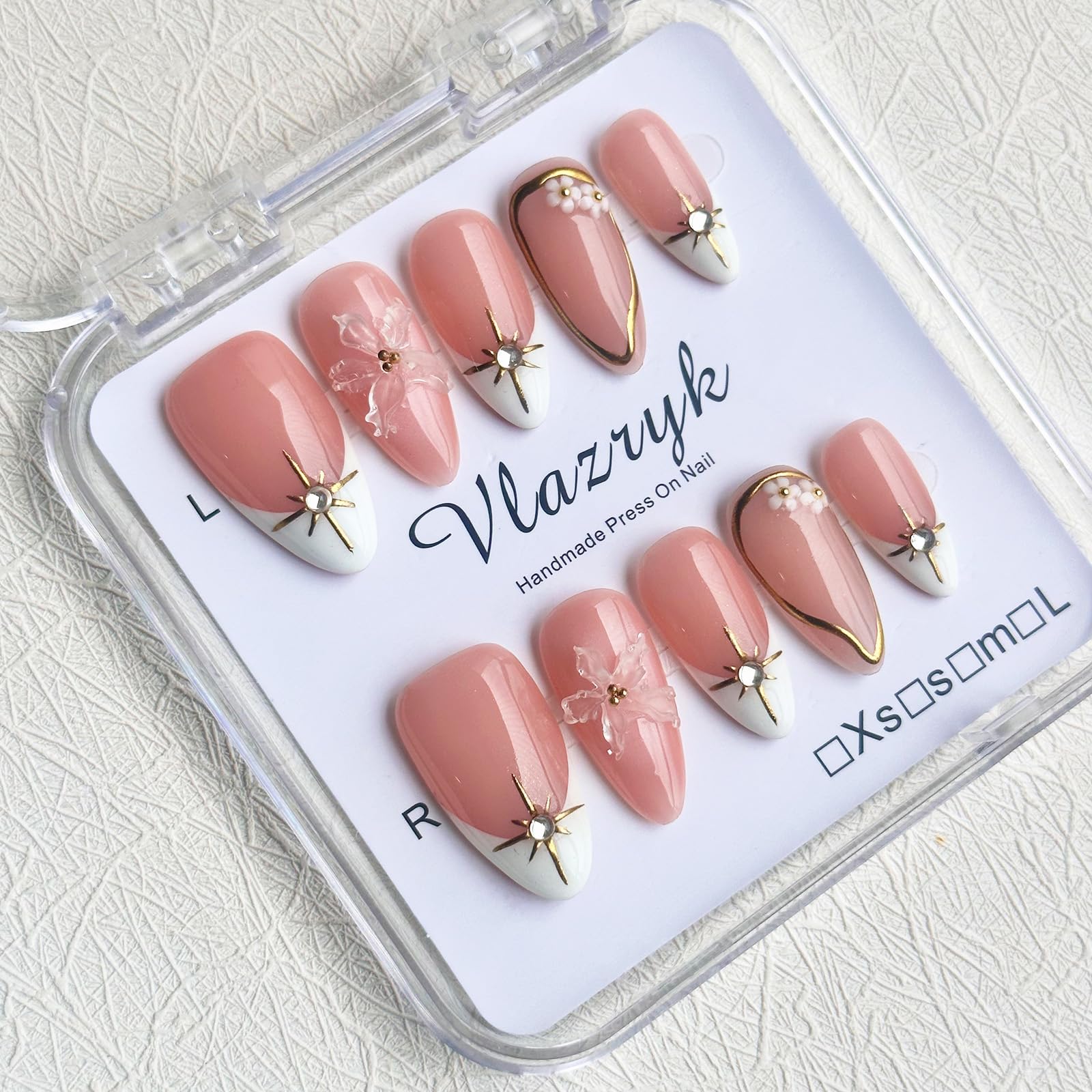 Vlazryk Short Brown French Tip Press-On Nails – 3D Metallic Rhinestones, Reusable (10 PCS)