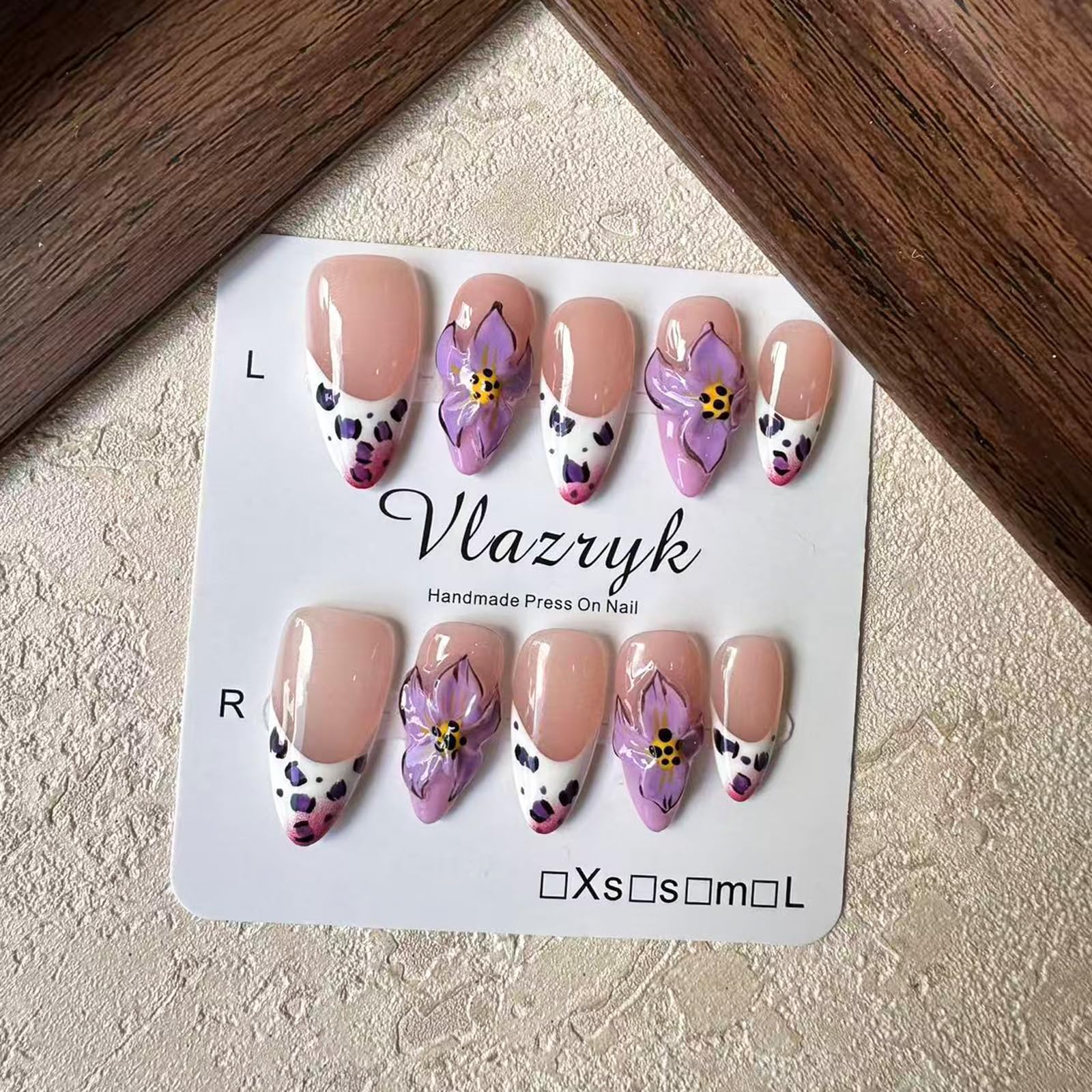 Vlazryk Luxury Handmade Press On Nails – Purple French Almond with 3D Flowers, Autumn-Winter Gradient (10pcs)