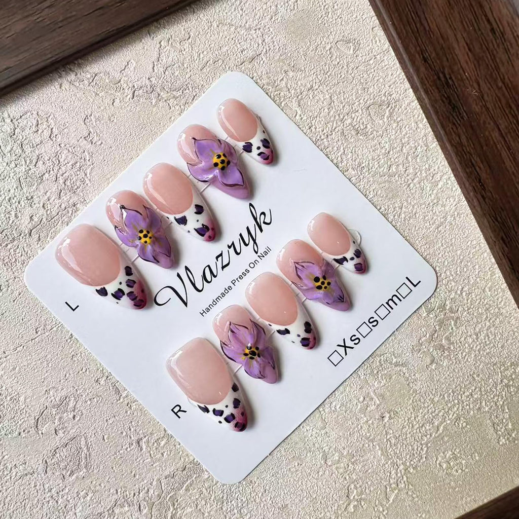 Vlazryk Luxury Handmade Press On Nails – Purple French Almond with 3D Flowers, Autumn-Winter Gradient (10pcs)