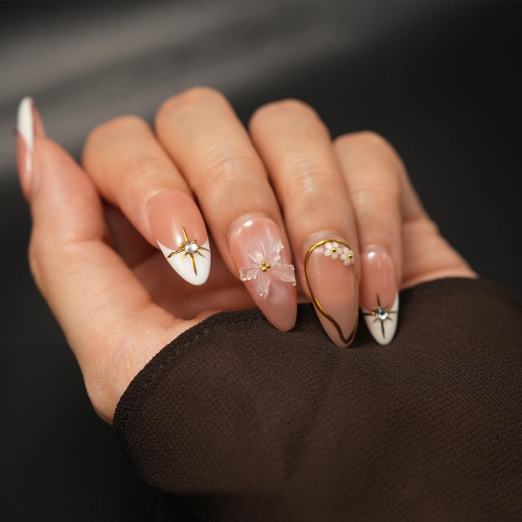 Vlazryk Short Brown French Tip Press-On Nails – 3D Metallic Rhinestones, Reusable (10 PCS)