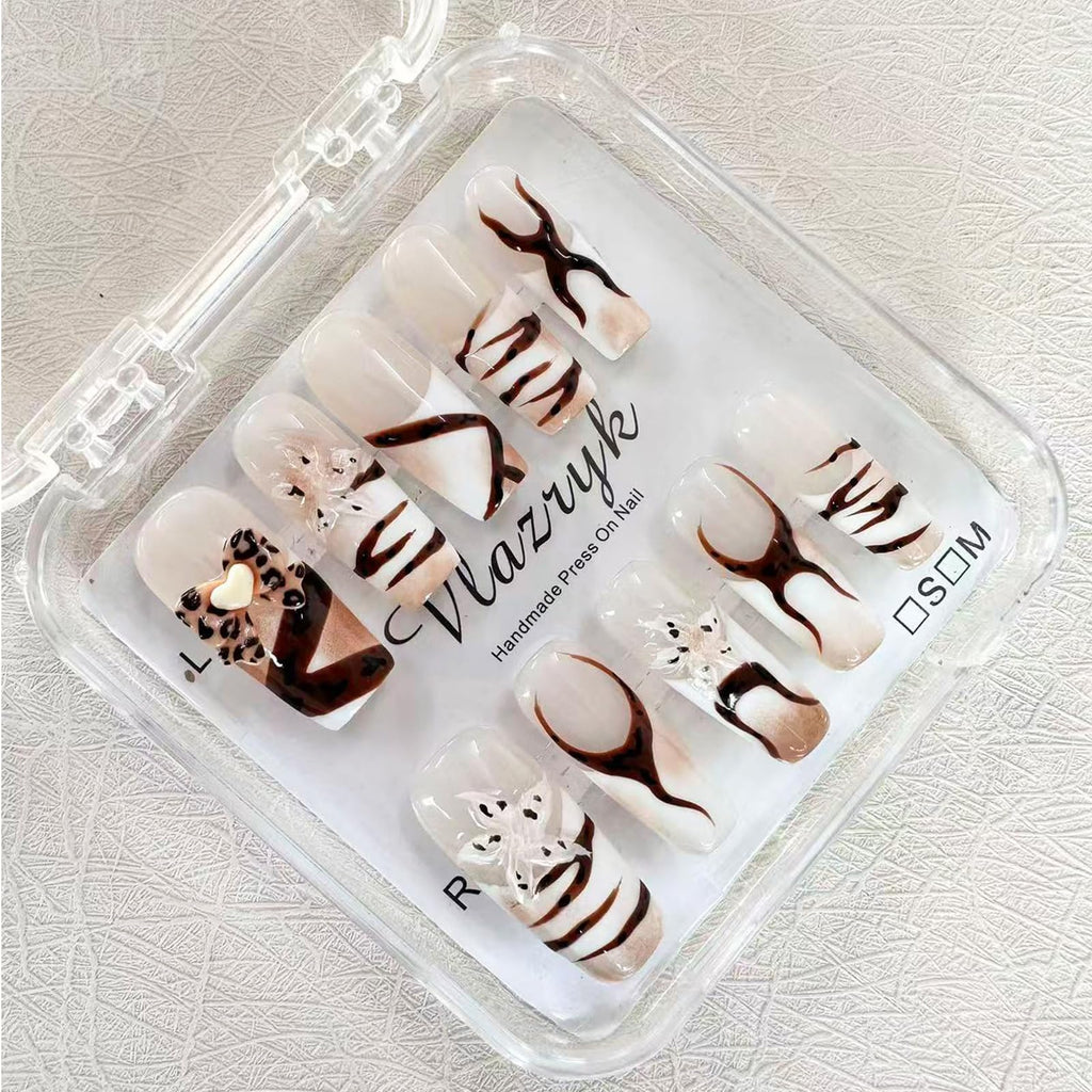 Vlazryk Handmade Press-On Nails with Charms – Long Square French Tips, Stars, Leopard & 3D Flower Embossed Design