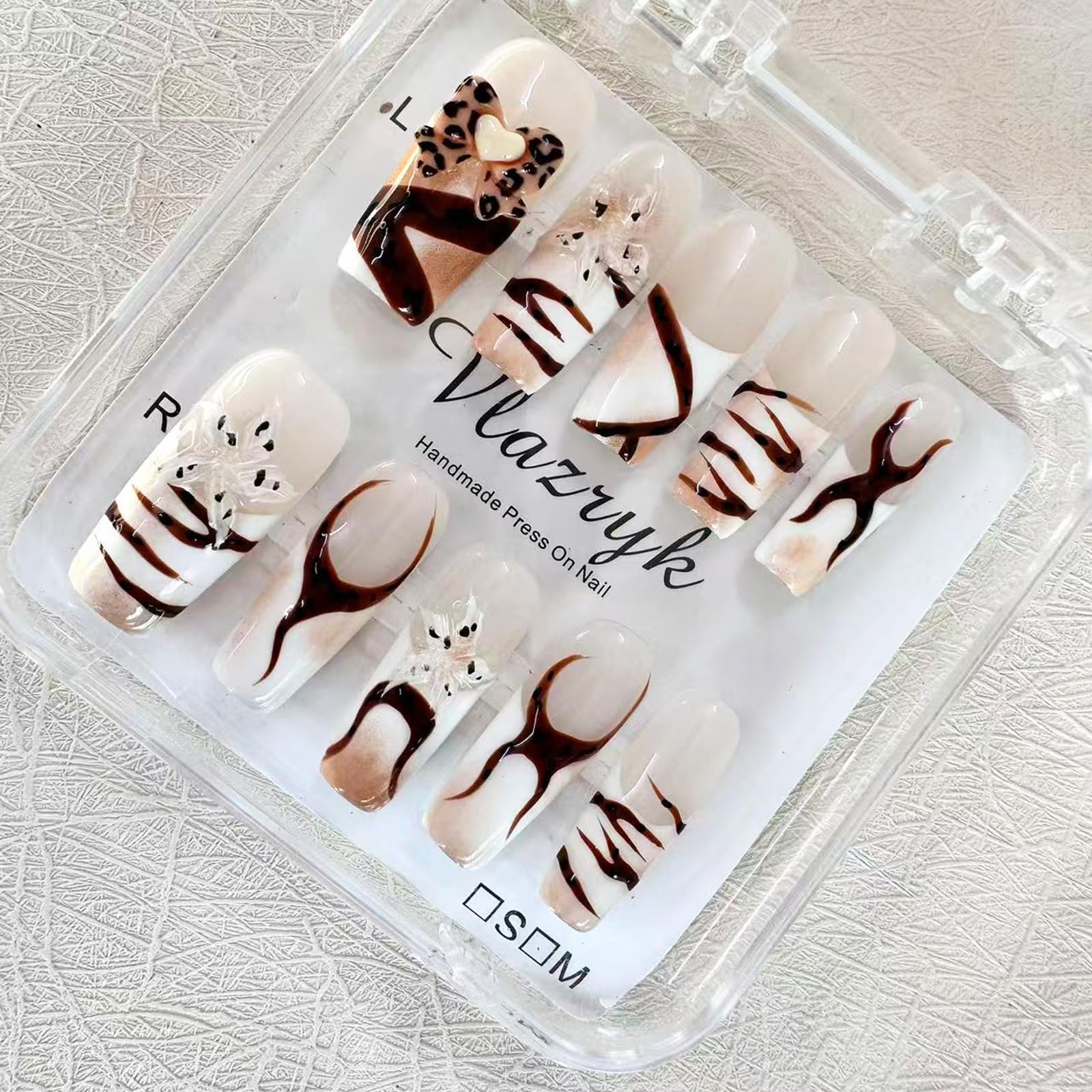Vlazryk Handmade Press-On Nails with Charms – Long Square French Tips, Stars, Leopard & 3D Flower Embossed Design
