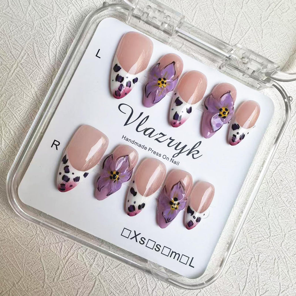 Vlazryk Luxury Handmade Press On Nails | Purple French Almond with 3D Flowers