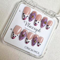 Vlazryk Luxury Handmade Press On Nails | Purple French Almond with 3D Flowers