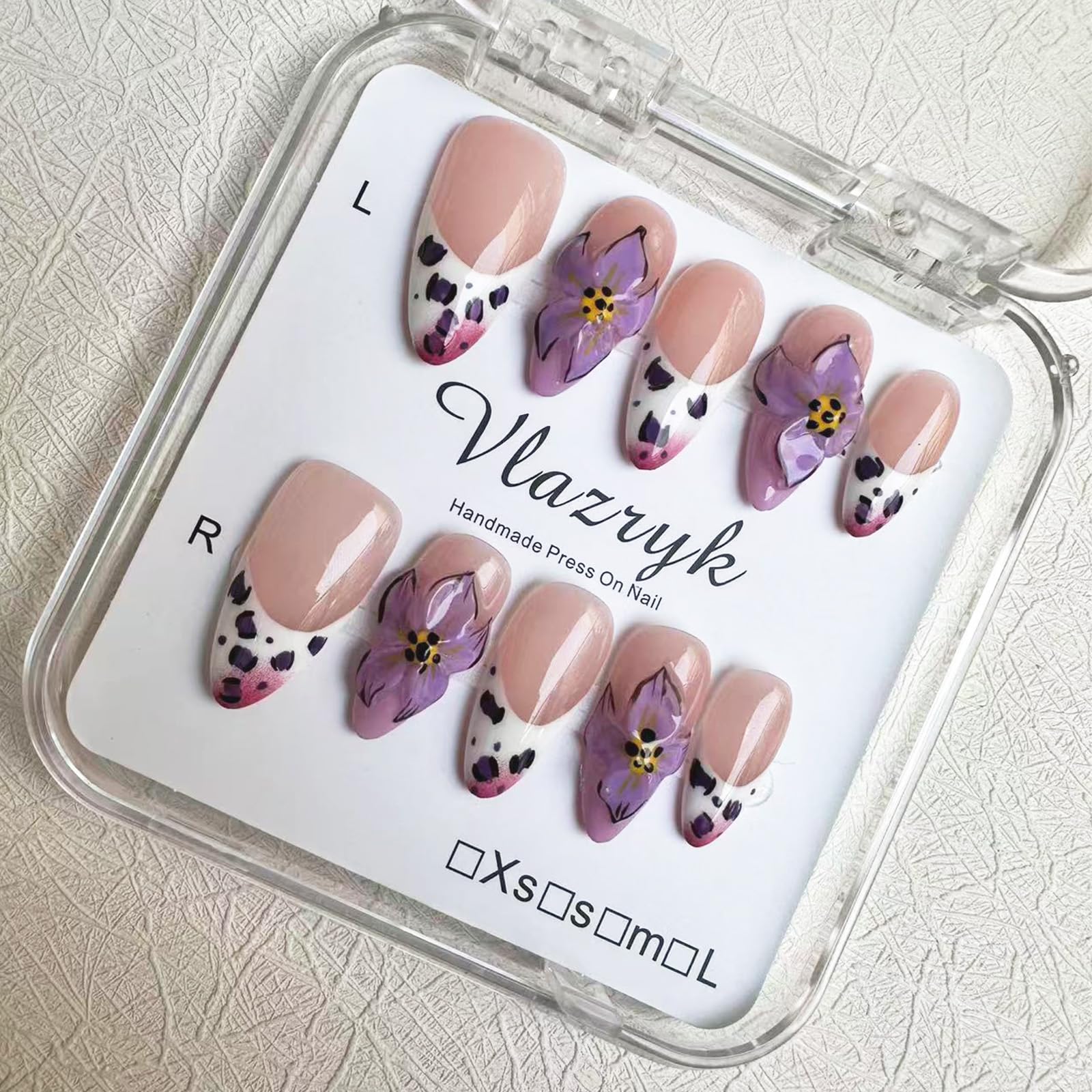 Vlazryk Luxury Handmade Press On Nails | Purple French Almond with 3D Flowers