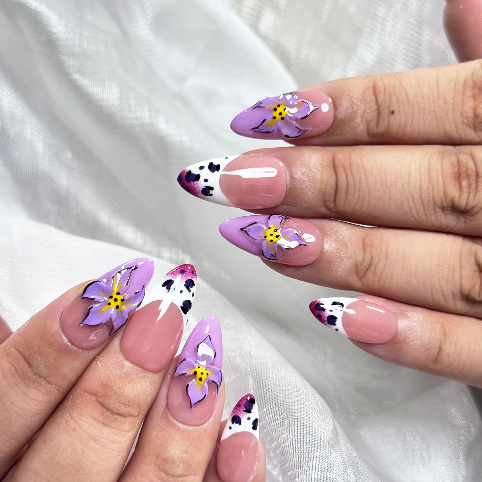 Vlazryk Luxury Handmade Press On Nails | Purple French Almond with 3D Flowers