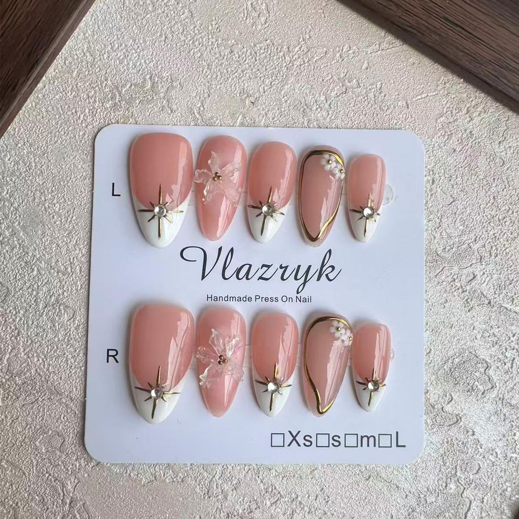 Vlazryk Short Brown French Tip Press-On Nails – 3D Metallic Rhinestones, Reusable (10 PCS)