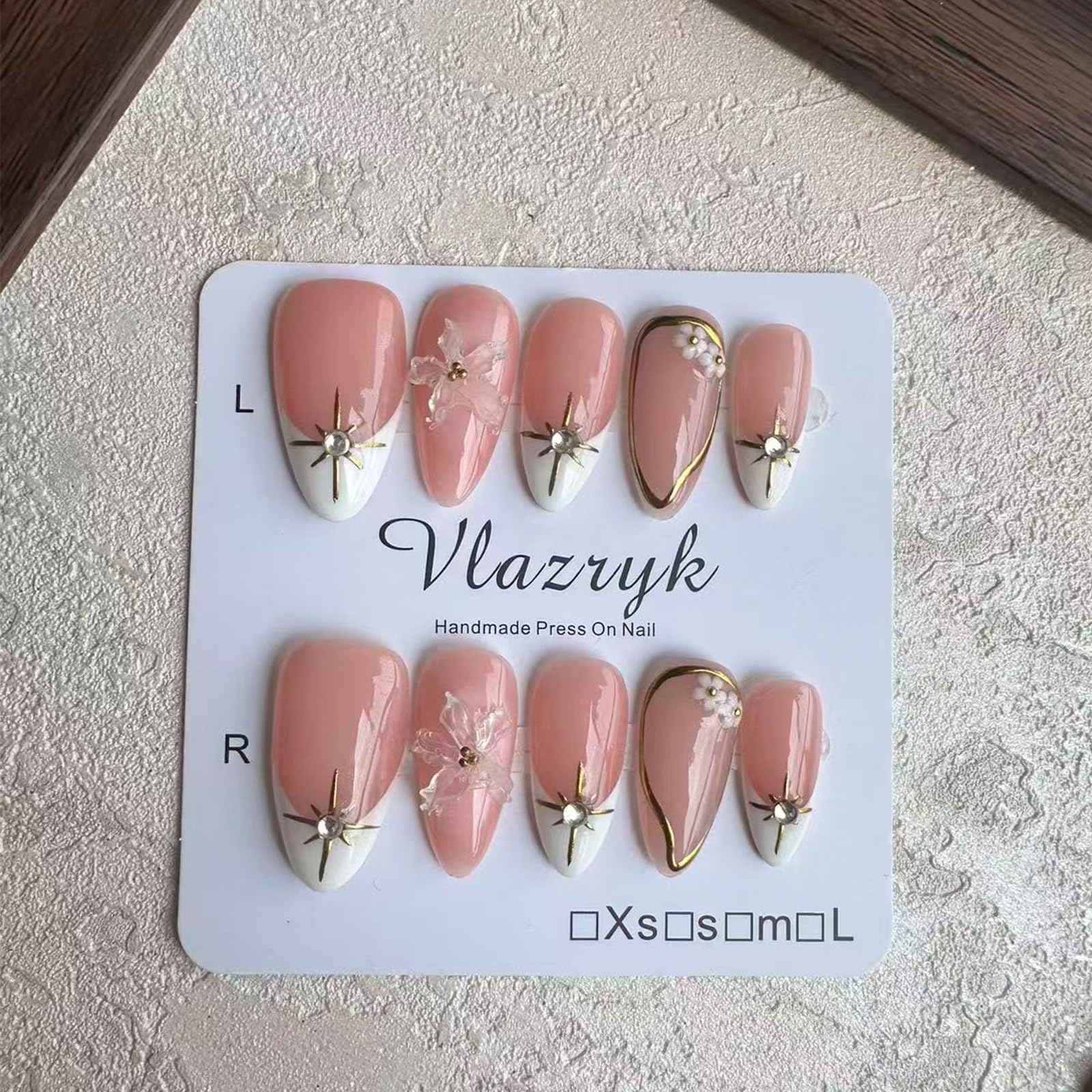 Vlazryk Short Brown French Tip Press-On Nails – 3D Metallic Rhinestones, Reusable (10 PCS)