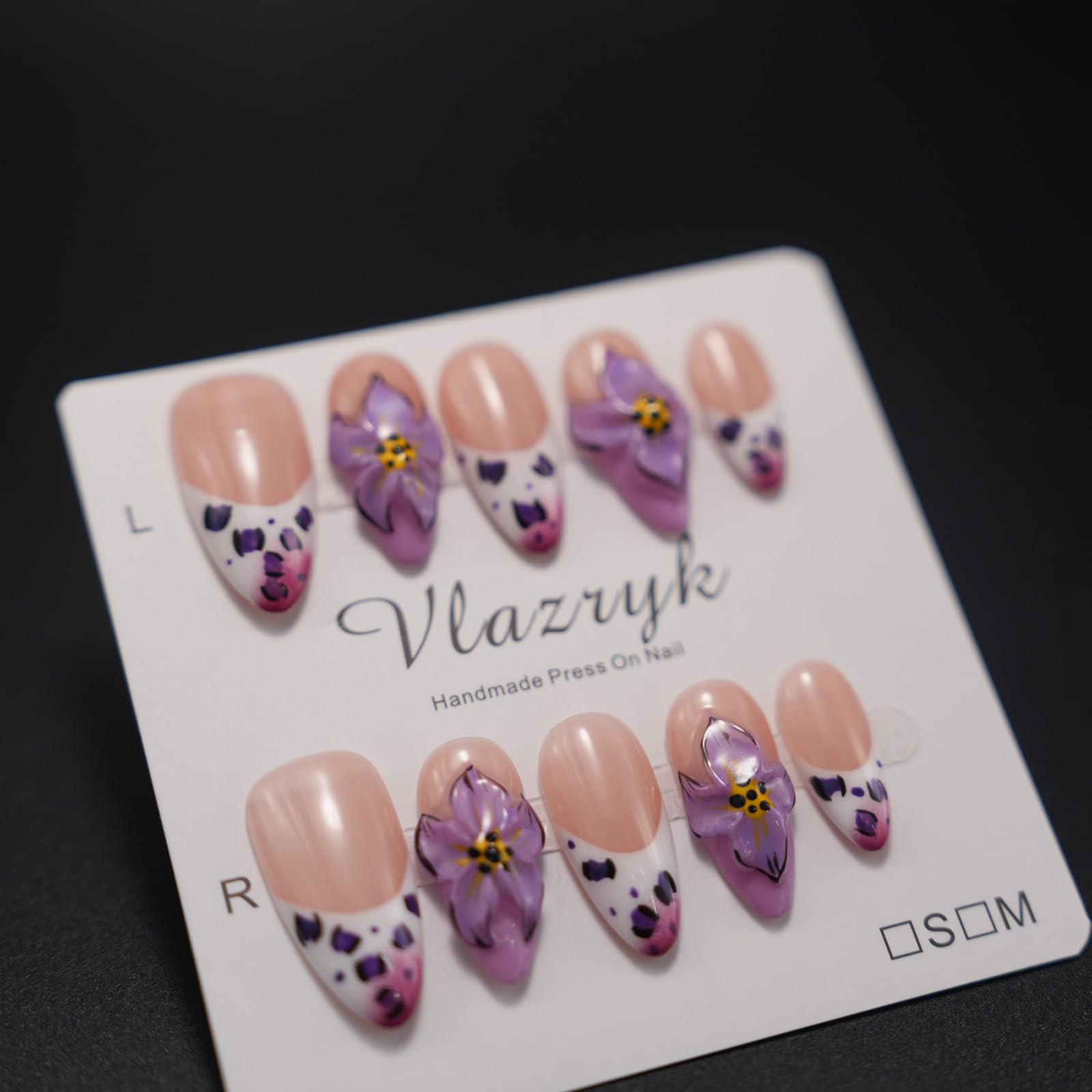 Vlazryk Luxury Handmade Press On Nails – Purple French Almond with 3D Flowers, Autumn-Winter Gradient (10pcs)