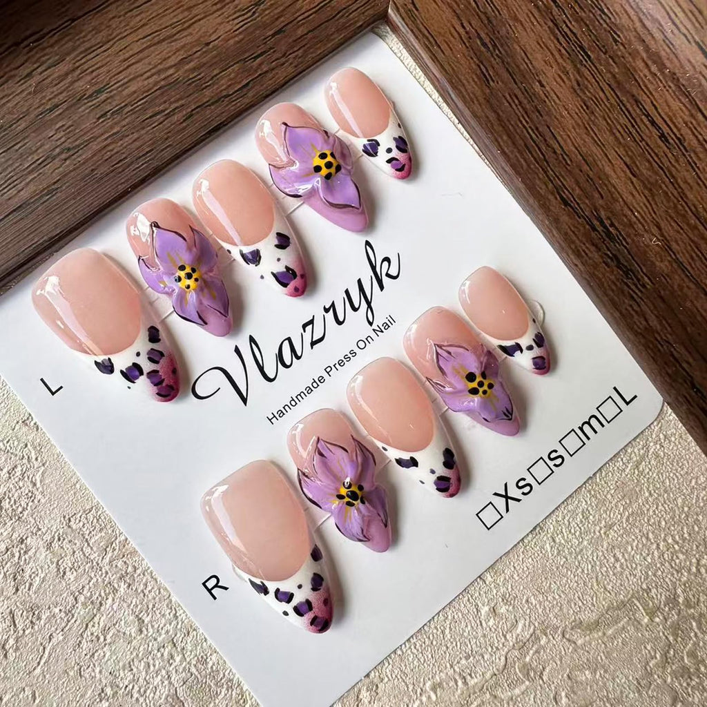 Vlazryk Luxury Handmade Press On Nails – Purple French Almond with 3D Flowers, Autumn-Winter Gradient (10pcs)