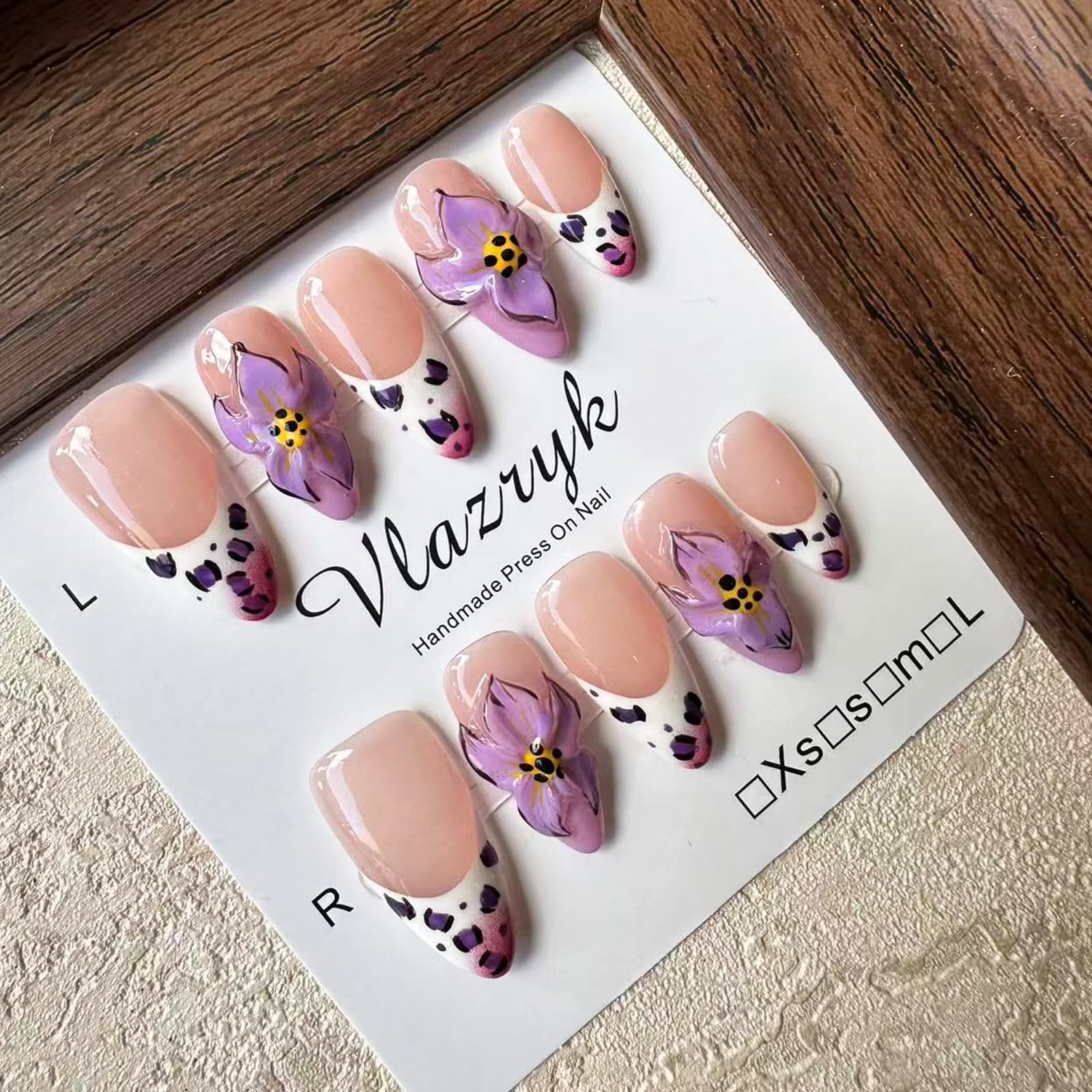 Vlazryk Luxury Handmade Press On Nails – Purple French Almond with 3D Flowers, Autumn-Winter Gradient (10pcs)