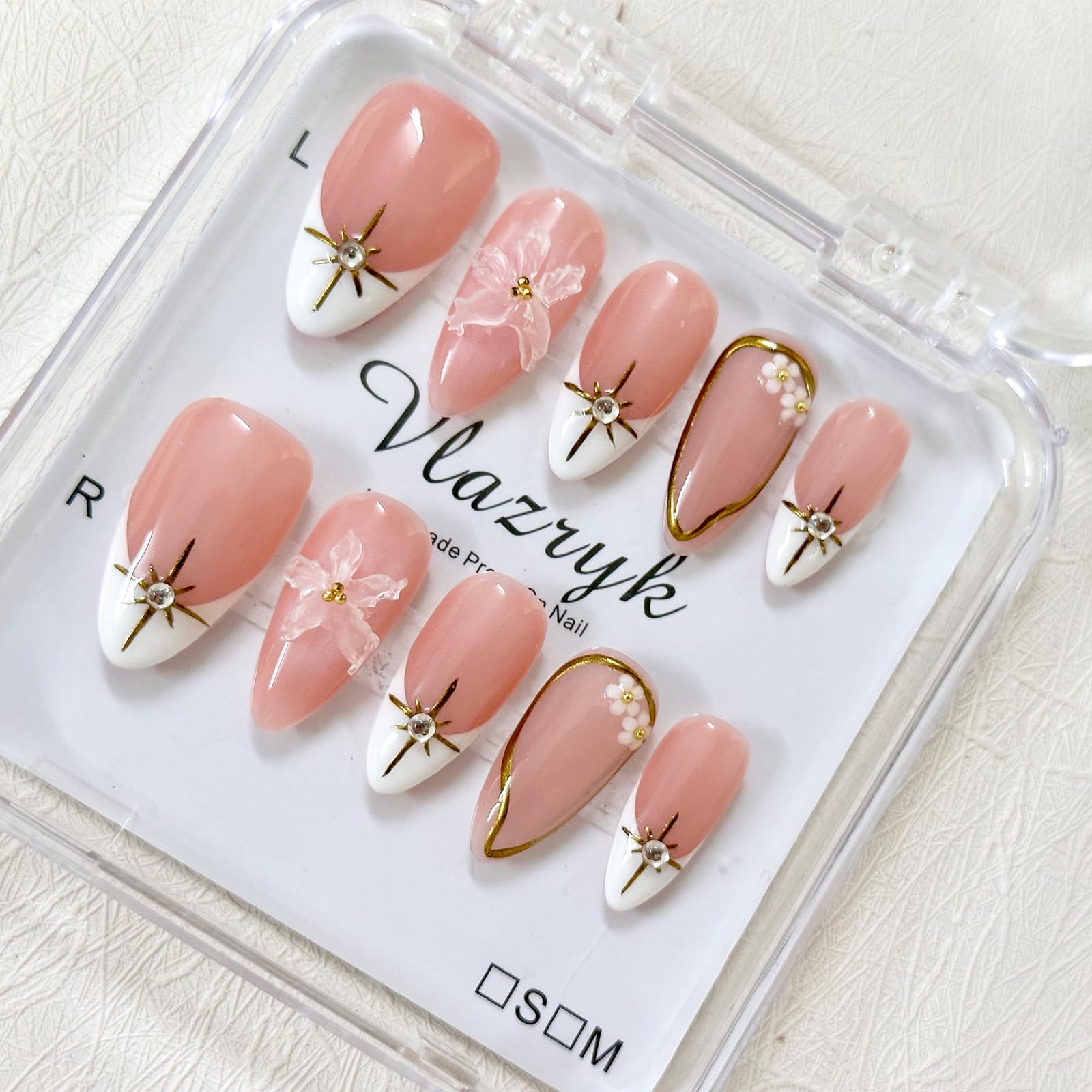 Vlazryk Short Brown French Tip Press-On Nails – 3D Metallic Rhinestones, Reusable (10 PCS)