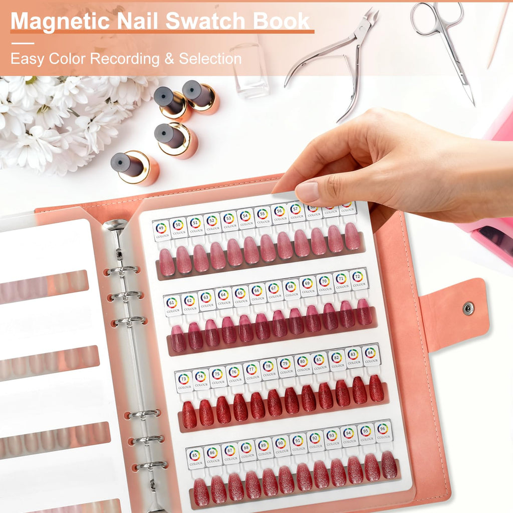 vnjaoi 144 Magnetic Nail Swatch Book – Leather Display with 144 Magnetic Tips & Number Labels for Easy Preview & Storage