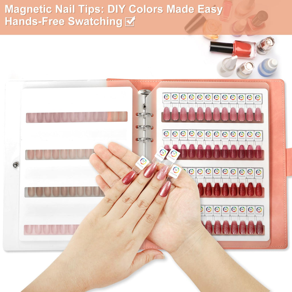 vnjaoi 144 Magnetic Nail Swatch Book – Leather Display with 144 Magnetic Tips & Number Labels for Easy Preview & Storage