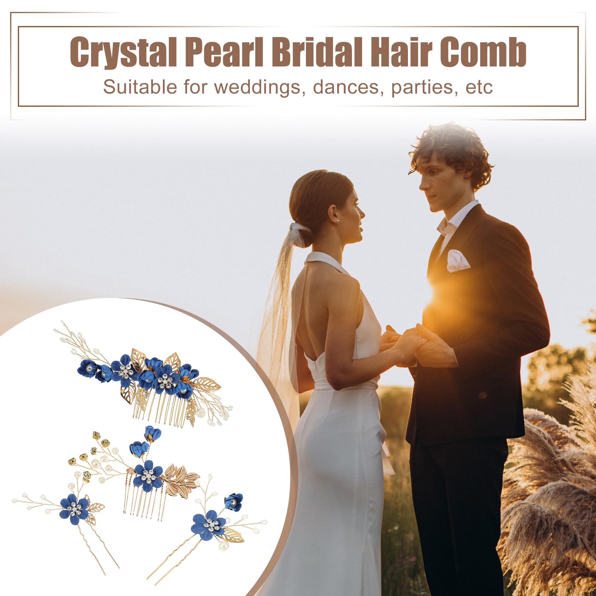 VOCOSTE 4 Pcs Rhinestone Hair Comb Set – Deep Blue Bridal Accessories
