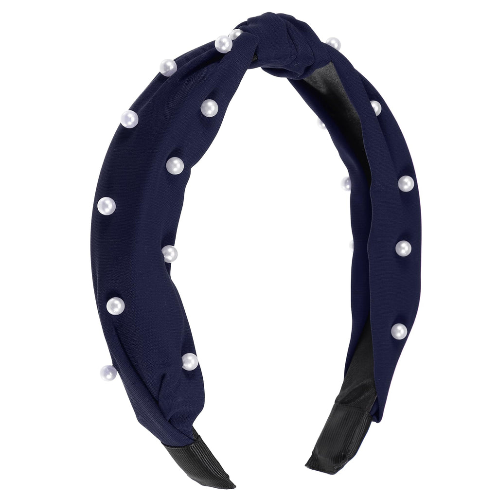 VOCOSTE Satin Knotted Pearl Headband for Women - Deep Blue, 1.1 Inch Wide