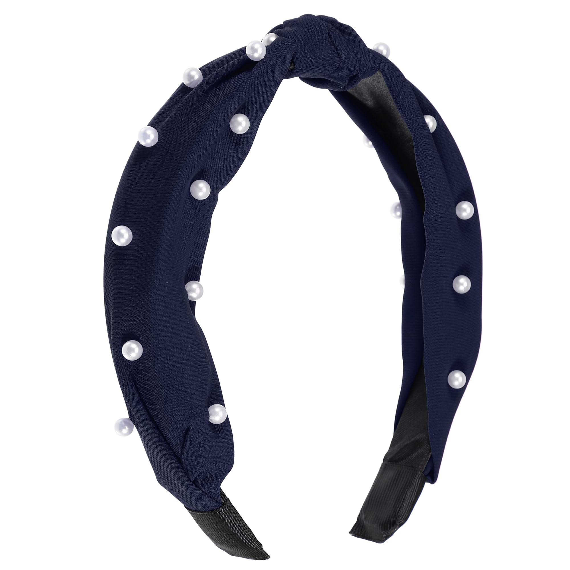 VOCOSTE Satin Knotted Pearl Headband for Women - Deep Blue, 1.1 Inch Wide