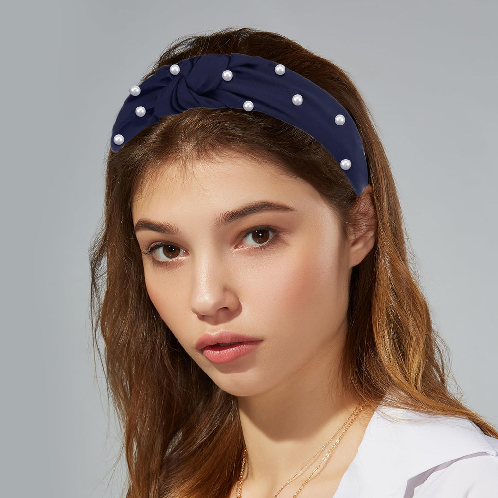 VOCOSTE Satin Knotted Pearl Headband for Women - Deep Blue, 1.1 Inch Wide