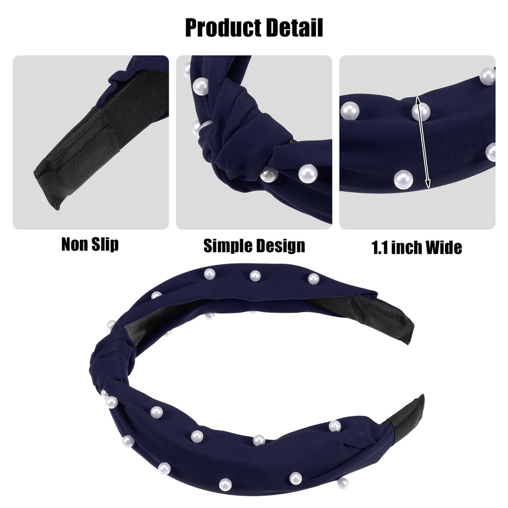 VOCOSTE Satin Knotted Pearl Headband for Women - Deep Blue, 1.1 Inch Wide